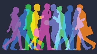 Silhouettes colorées de personnes marchant, représentant la diversité et l'inclusion dans l'IA